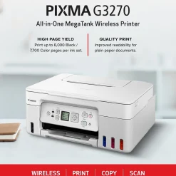 Canon PIXMA MegaTank G3270 WH Wireless Color Inkjet Printer, All-In-One Supertank, Print, Scan, Copy (G3270 WH)