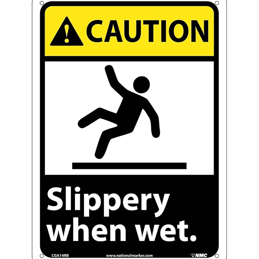 National Marker Caution Signs; Slippery When Wet (W/Graphic), 14X10, Rigid Plastic