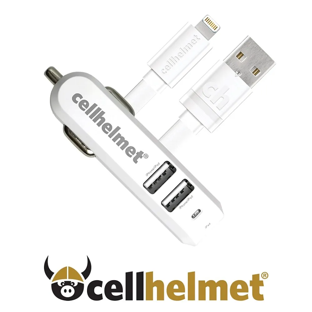 cellhelmet 4.8-Amp 3-Port USB Car Charger with USB-A to Lightning Flat Cable, 3 Feet (CAR-4.8/3-B+F-LIGHT-3-W)