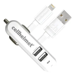 cellhelmet 4.8-Amp 3-Port USB Car Charger with USB-A to Lightning Flat Cable, 3 Feet (CAR-4.8/3-B+F-LIGHT-3-W)