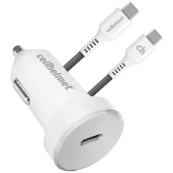 Single-USB Power Delivery Car Charger with USB-C to USB-C Round Cable, 3 ft., 25-Watt, White (CAR-PD-25W+R-C)<cellhelmet Outlet