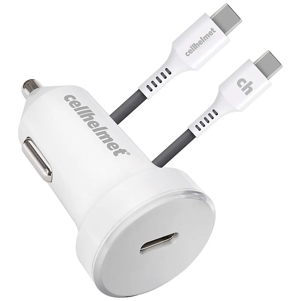 Single-USB Power Delivery Car Charger with USB-C to USB-C Round Cable, 3 ft., 25-Watt, White (CAR-PD-25W+R-C)<cellhelmet Outlet
