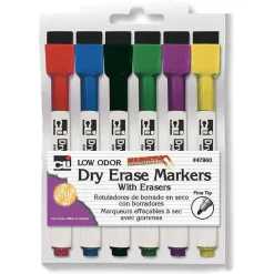 Markers|CLI Charles Leonard Magnetic Dry Erase Markers with Erasers, Fine Tip, Assorted Colors, 6 Per Pack, 6 Packs (CHL47860-6)