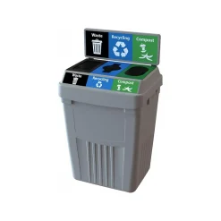 FlexE Plastic Three-Stream Recycling Station, 50 Gallon, Gray (FX50B-GY3-R-BE-W-BK-C-GN)<CleanRiver New