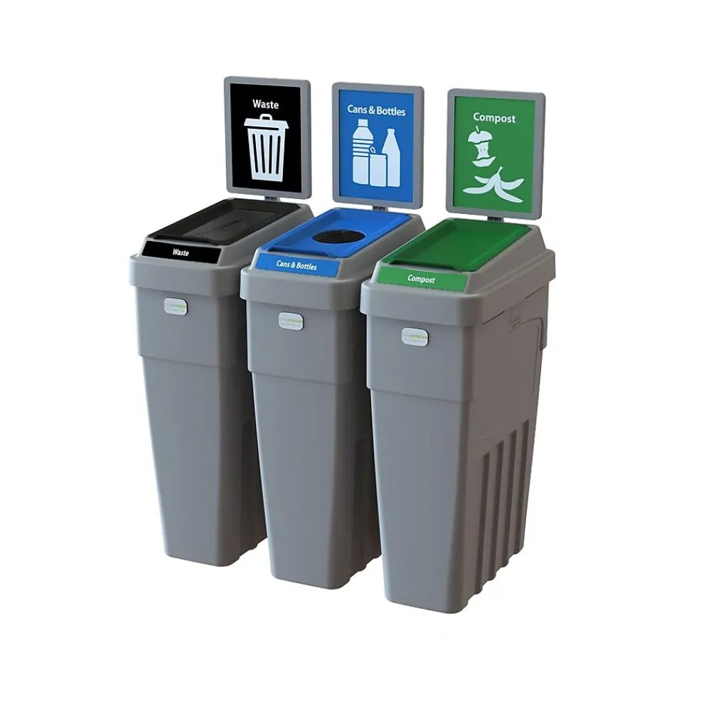 LeanStream Plastic Three-Stream Recycling Station, 69 Gallon, Gray (LS3B-002)<CleanRiver Best
