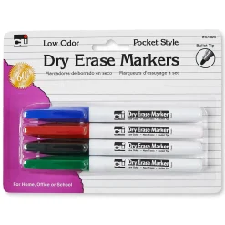 Markers|CLI Pocket Style Dry Erase Markers, Bullet Tip, Assorted Colors, 4/Pack, 12 Packs (CHL47804-12)
