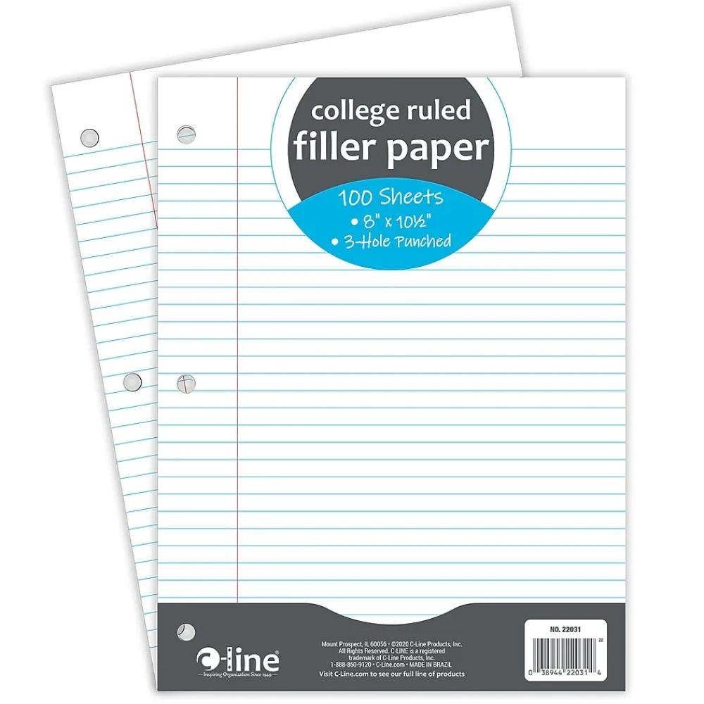 Filler Paper|C-Line College Ruled Filler Paper, 8" x 10.5", 3-Hole Punched, 100 Sheets/Pack, 12/Bundle (CLI22031-12)