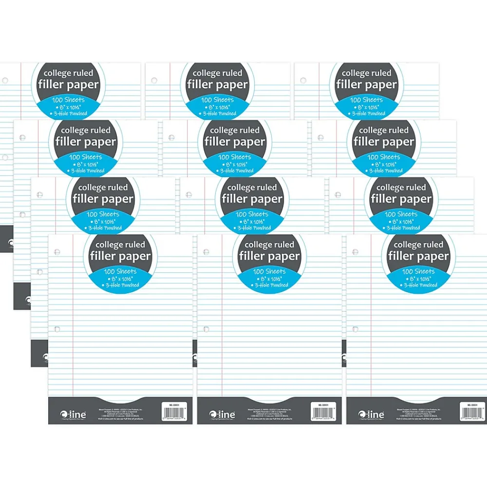 Filler Paper|C-Line College Ruled Filler Paper, 8" x 10.5", 3-Hole Punched, 100 Sheets/Pack, 12/Bundle (CLI22031-12)