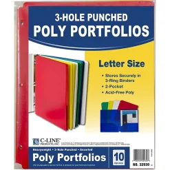 Pocket Folders|C-Line ® Heavyweight, 3-Hole Punched, 2-Pocket Portfolio, Assorted Colors, 10 Per Pack, 2 Packs (CLI32930-2)