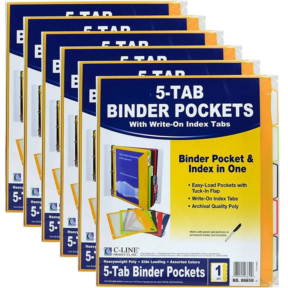 Dividers|C-Line Heavyweight Poly Binder Pocket with Write-On Tabs, Assorted Colors, 5/Pack, 6 Packs (CLI06650-6)