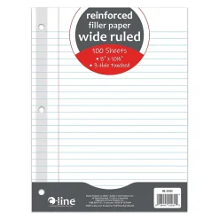 Filler Paper|C-Line Reinforced Wide Ruled Filler Paper, 8" x 10.5", 3-Hole Punched, 100 Sheets/Pack, 6/Bundle (CLI21032-6)