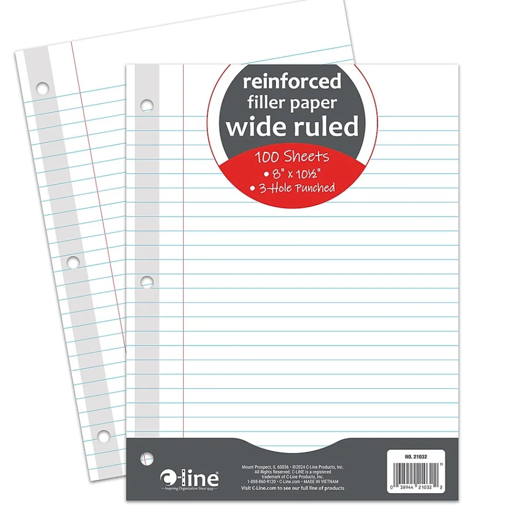 Filler Paper|C-Line Reinforced Wide Ruled Filler Paper, 8" x 10.5", 3-Hole Punched, 100 Sheets/Pack, 6/Bundle (CLI21032-6)