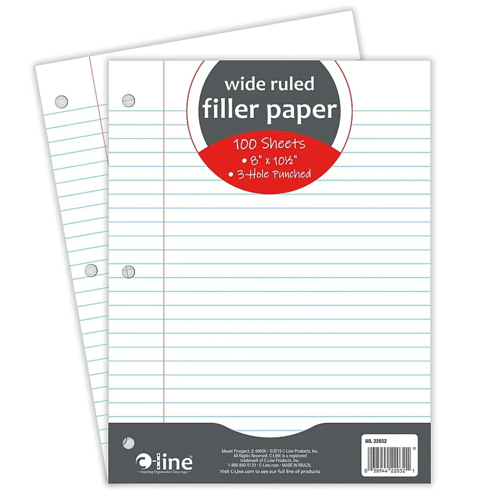 Filler Paper|C-Line Wide Ruled Filler Paper, 8" x 10.5", 3-Hole Punched, 100 Sheets/Pack, 12/Bundle (CLI22032-12)