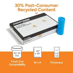 ™ 40-45 Gallon Trash Bag with 30% PCR, 40" x 46", Low Density, 0.8 mil, Blue, 150 Bags/Box (CW62412)<Coastwide Professional Best