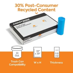 ™ 33 Gallon Trash Bag with 30% PCR, 33" x 39", Low Density, 0.8 mil, Blue, 200 Bags/Box (CW62418)<Coastwide Professional Clearance