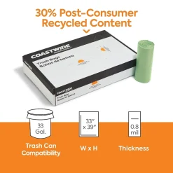 ™ 33 Gallon Trash Bag with 30% PCR, 33" x 39", Low Density, 0.8 mil, Green, 200 Bags/Box (CW62421)<Coastwide Professional