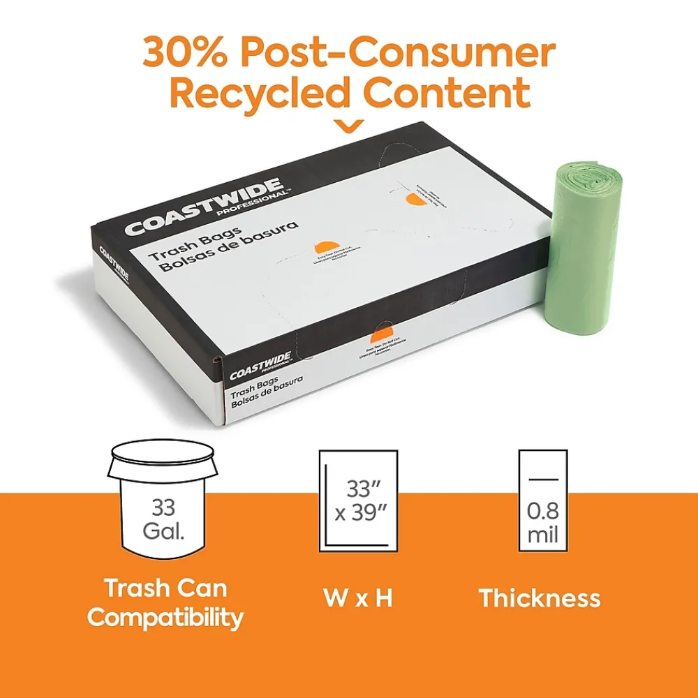 ™ 33 Gallon Trash Bag with 30% PCR, 33" x 39", Low Density, 0.8 mil, Green, 200 Bags/Box (CW62421)<Coastwide Professional