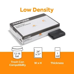 ™ 12-16 Gallon Trash Bag, 24" x 31", Low Density, 1 mil, Black, 250 Bags/Box (CW21760)<Coastwide Professional Discount