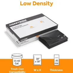 ™ 55-60 Gallon Trash Bag, 38" x 58", Low Density, 0.95 mil, Black, 100 Bags/Box (CW18188)<Coastwide Professional Clearance