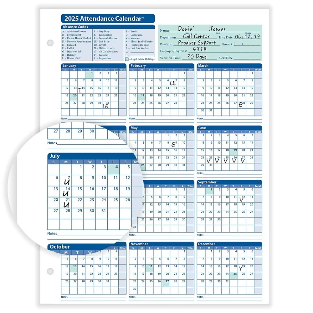 Hr Forms*ComplyRight 2025 Attendance Calendar Set, 100 Forms/Pack (A1411W16PK100)