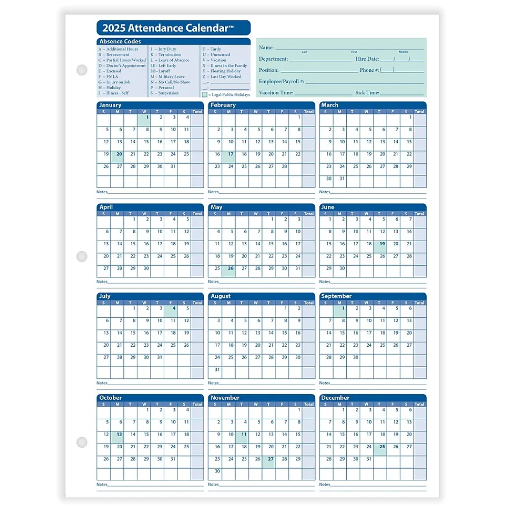 Hr Forms*ComplyRight 2025 Attendance Calendar Card, 50 Forms/Pack (A4000W50)