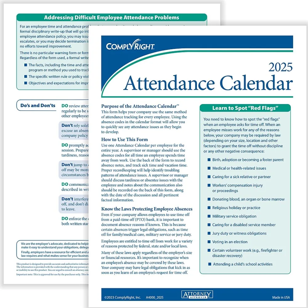 Hr Forms*ComplyRight 2025 Attendance Calendar Card, 50 Forms/Pack (A4000W50)