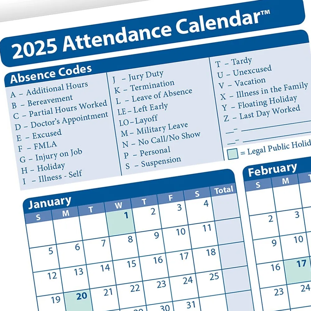 Hr Forms*ComplyRight 2025 Attendance Calendar Card, 50 Forms/Pack (A4000W50)
