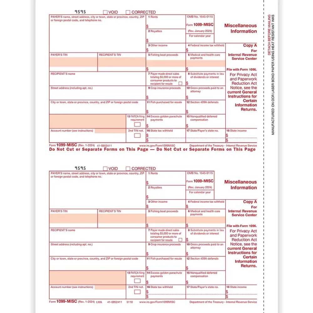 Tax Forms*ComplyRight 2024 1099-MISC Tax Form, 1-Part, 2-Up, Federal Copy A, 25/Pack (511025)