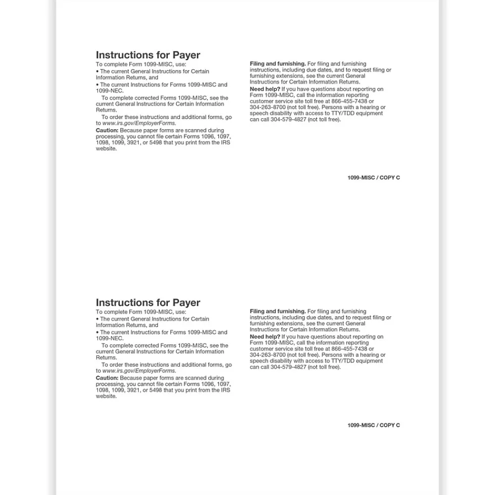 Tax Forms*ComplyRight 2024 1099-MISC Tax Form, 1-Part, 2-Up, Payer Copy C, 50/Pack (511250)