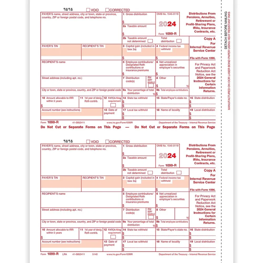 Tax Forms*ComplyRight 2024 1099-R Tax Form, 1-Part, 2-Up, Federal Copy A, 50/Pack (514050)