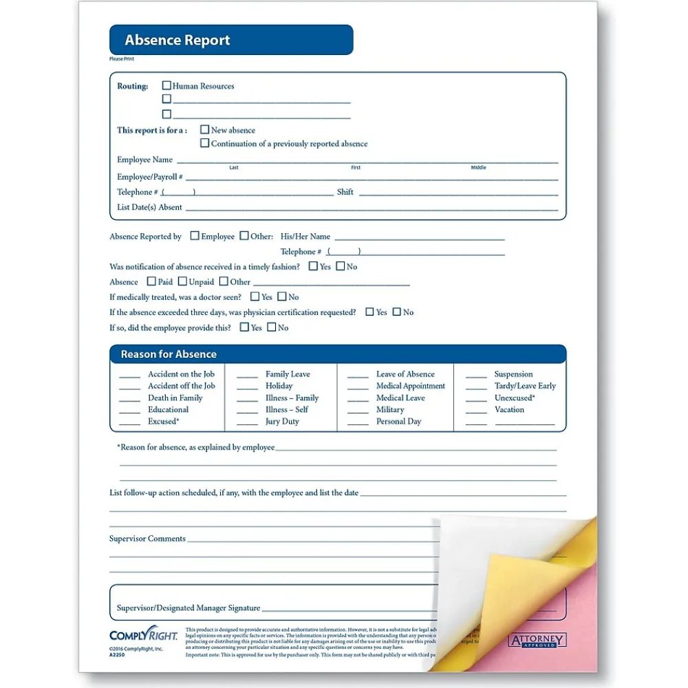 Hr Forms*ComplyRight Absence Report, 3-Part, Pack of 50 (A2250)