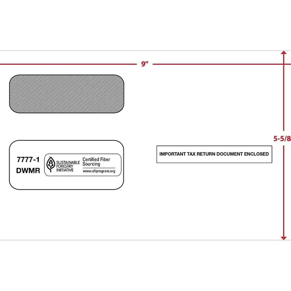 Clearance ComplyRight Moistenable Glue Security Tinted Double Window Tax Envelopes, 5 5/8" x 9", 50/Pack (1095BENV50)
