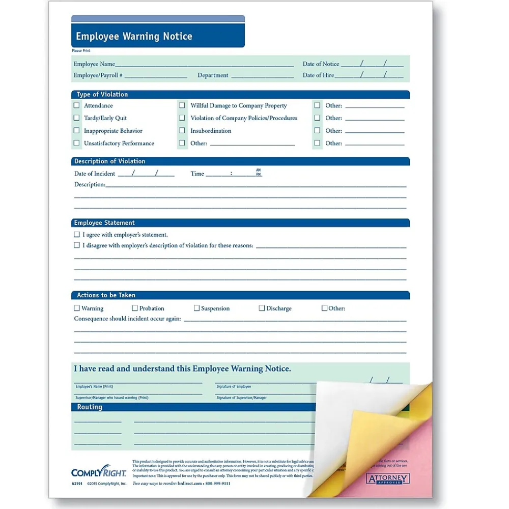 Medical Forms*ComplyRight 3-Part Employee Warning Notice, Carbonless, Pack of 50 (A2191)