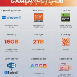 Online CyberPowerPC Gamer Master Gaming Desktop Computer, AMD Ryzen 5 8600G, 16GB DDR5 Memory, 2TB SSD (GMAI3200CPG)