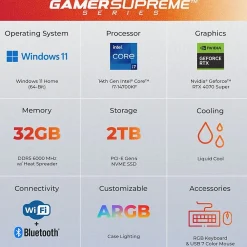 Clearance CyberPowerPC Gamer Supreme Gaming Desktop Computer, Intel Core i7-14700F, 32GB Memory, 2TB SSD (SLC8960CPGV11)