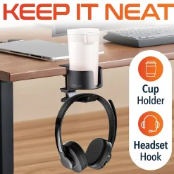 Best Delton H22 Under Desk Cup Holder and Desk Hook for Headphones, Black (DHSCH22)