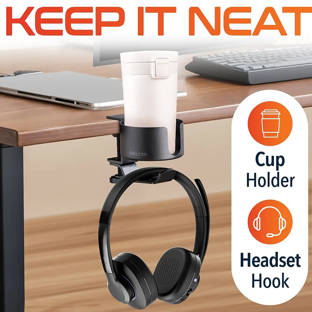 Best Delton H22 Under Desk Cup Holder and Desk Hook for Headphones, Black (DHSCH22)