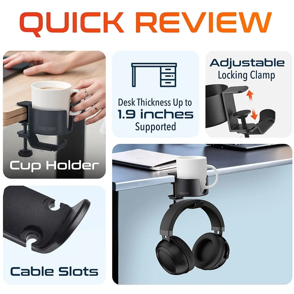 Best Delton H22 Under Desk Cup Holder and Desk Hook for Headphones, Black (DHSCH22)