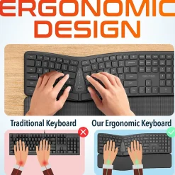 Clearance Delton KB250 Ergonomic Wireless Curved Keyboard with Cushioned Wrist Rest, Black (DKBE250-WR)