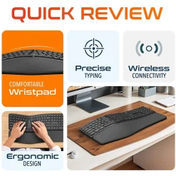 Clearance Delton KB250 Ergonomic Wireless Curved Keyboard with Cushioned Wrist Rest, Black (DKBE250-WR)