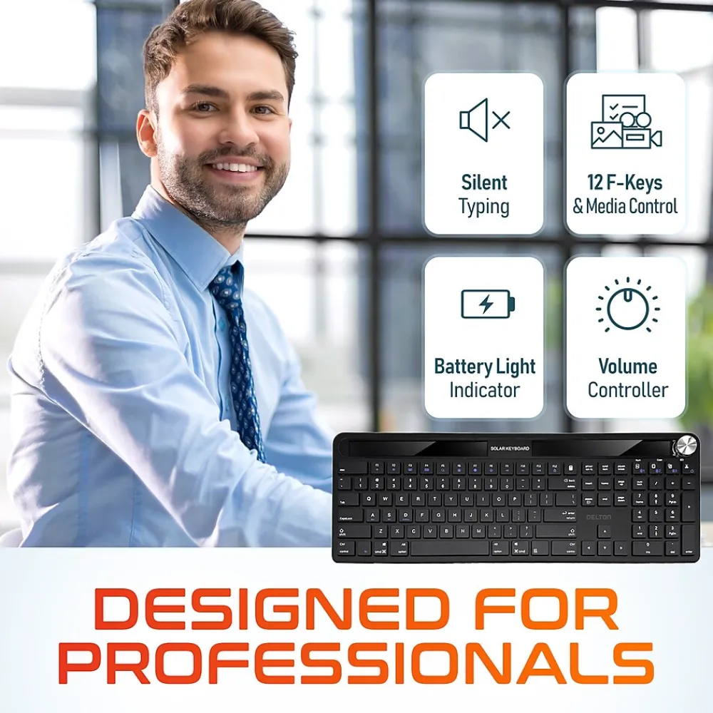 Online Delton KB90 Wireless Rechargeable Solar (Light) Powered Keyboard, Black (DKBSLR90)