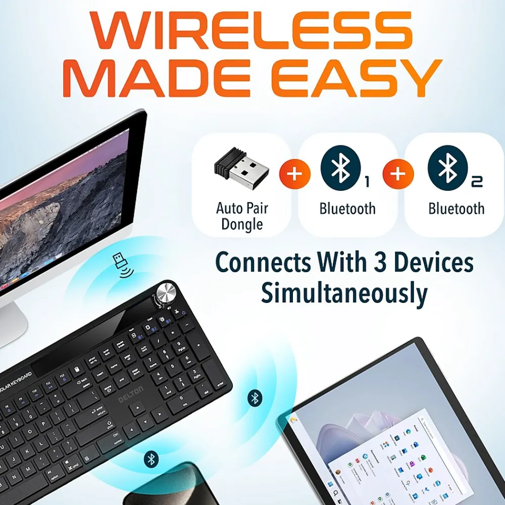 Online Delton KB90 Wireless Rechargeable Solar (Light) Powered Keyboard, Black (DKBSLR90)