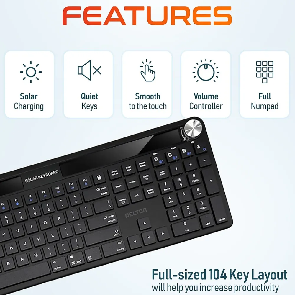 Online Delton KB90 Wireless Rechargeable Solar (Light) Powered Keyboard, Black (DKBSLR90)