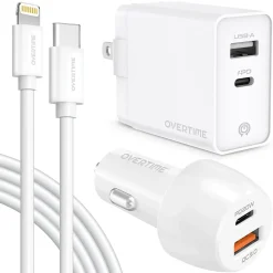 Overtime USB-C/USB Wall & Car Chargers with Apple MFi Certified Cable for iPhone/iPad, White (CE14542A)<Delton Clearance