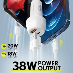 Overtime USB-C/USB Wall & Car Chargers with Two Apple MFi Certified Cables for iPhone/iPad, White (CE14550A)<Delton