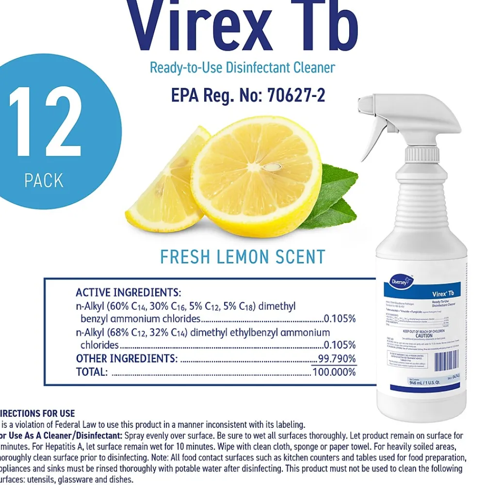 Diversey TB Disinfectant Cleaner, RTU, Lemon Scent, 32 oz., 12/Carton (04743.)<Virex