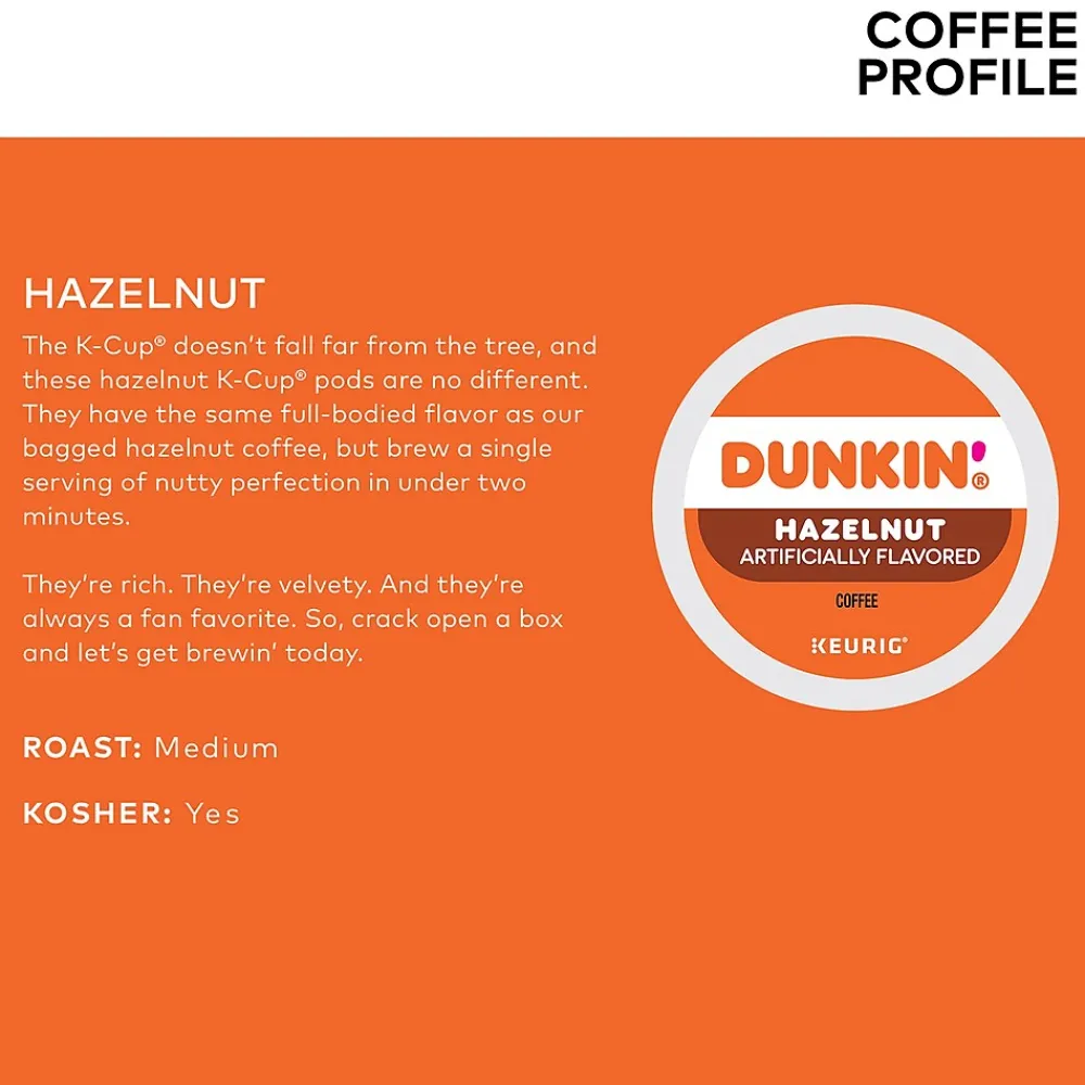Dunkin' Hazelnut Coffee, Medium Roast, 0.37 oz. Keurig® K-Cup® Pods, 22/Box (400848)