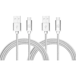 Durable Braided Micro USB Cables for Android Smartphones, Samsung, LG (10ft) - (Set of 2 - Silver)<LAX Gadgets Outlet
