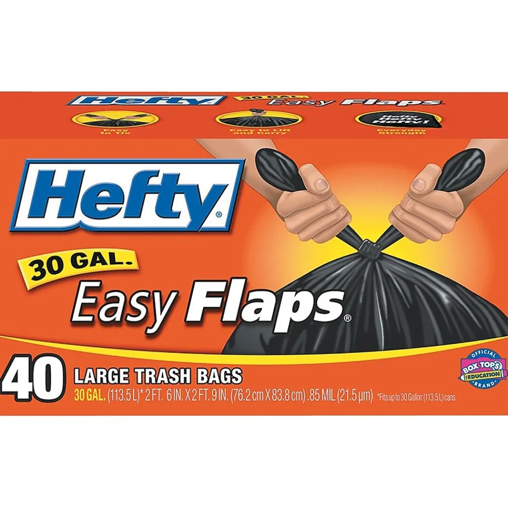 Easy Flaps Trash Bags, 30gal, Black, 40/Bx<Hefty