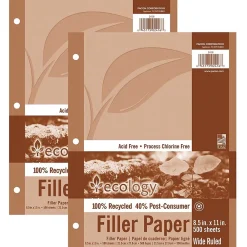Filler Paper|Ecology Wide Ruled Filler Paper, 8.5" x 11", 3-Hole Punched, 500 Sheets/Pack, 2/Bundle (PAC2416-2)